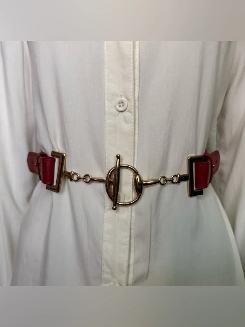 Burgundy braided PU leather elastic waistband skinny belt with gold tone buckle
